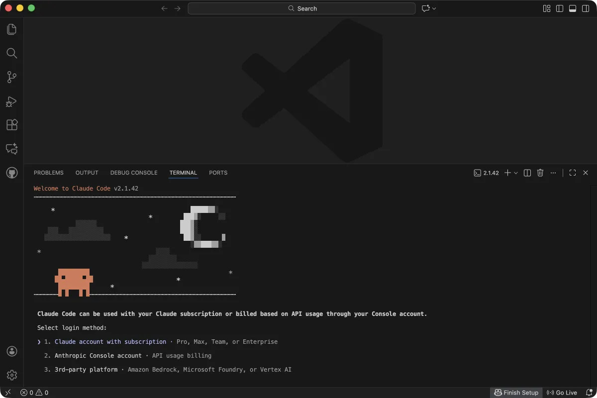 Claude Code login method selection showing three options: subscription, API, and third-party