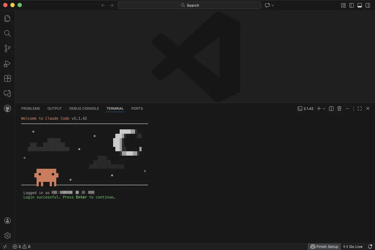 Claude Code terminal showing a login successful message