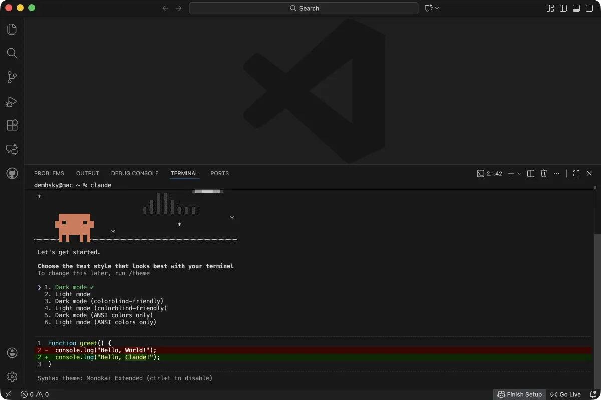 Claude Code first launch showing theme selection with Dark mode highlighted