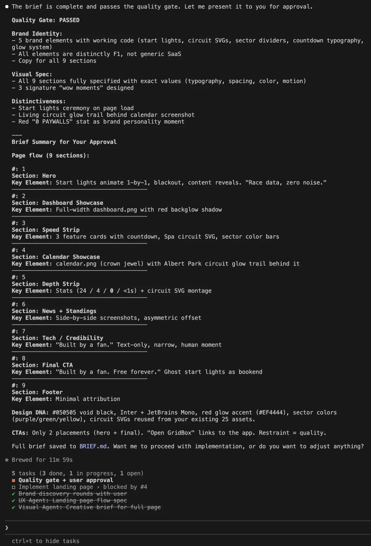 Complete design brief showing quality gate passed, brand identity with 5 distinct elements, visual spec for all 9 sections, page flow with key elements per section, and design DNA with exact color values