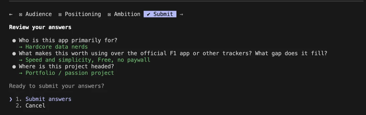 Review of submitted answers showing Hardcore data nerds audience, Speed and simplicity positioning, Portfolio and passion project ambition