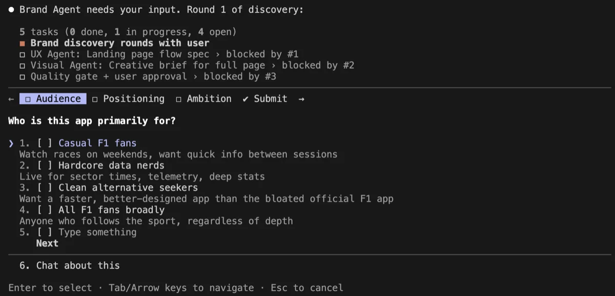 Interactive discovery form asking who the app is primarily for with options including Casual F1 fans, Hardcore data nerds, and Clean alternative seekers