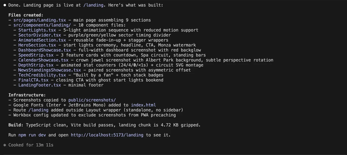 Terminal showing completed landing page with 9 sections, 18 component files, TypeScript clean, Vite build passing at 4.72 KB gzipped
