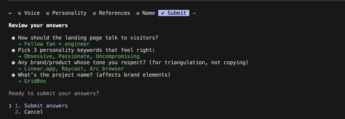 Voice and personality round results: Fellow fan plus engineer tone, Obsessive Passionate Uncompromising keywords, Linear and Raycast as brand references