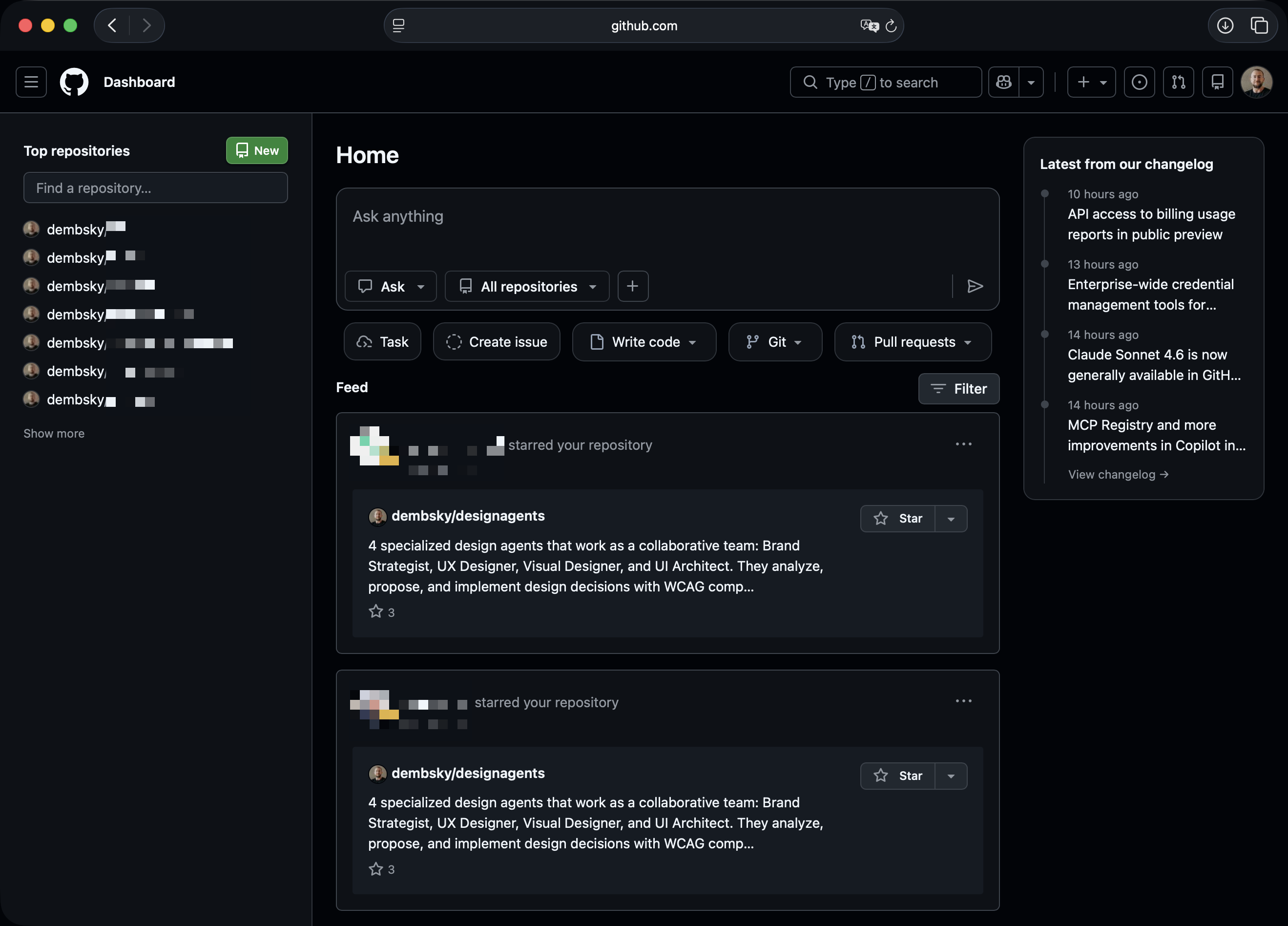 GitHub dashboard showing the green New button on the left sidebar