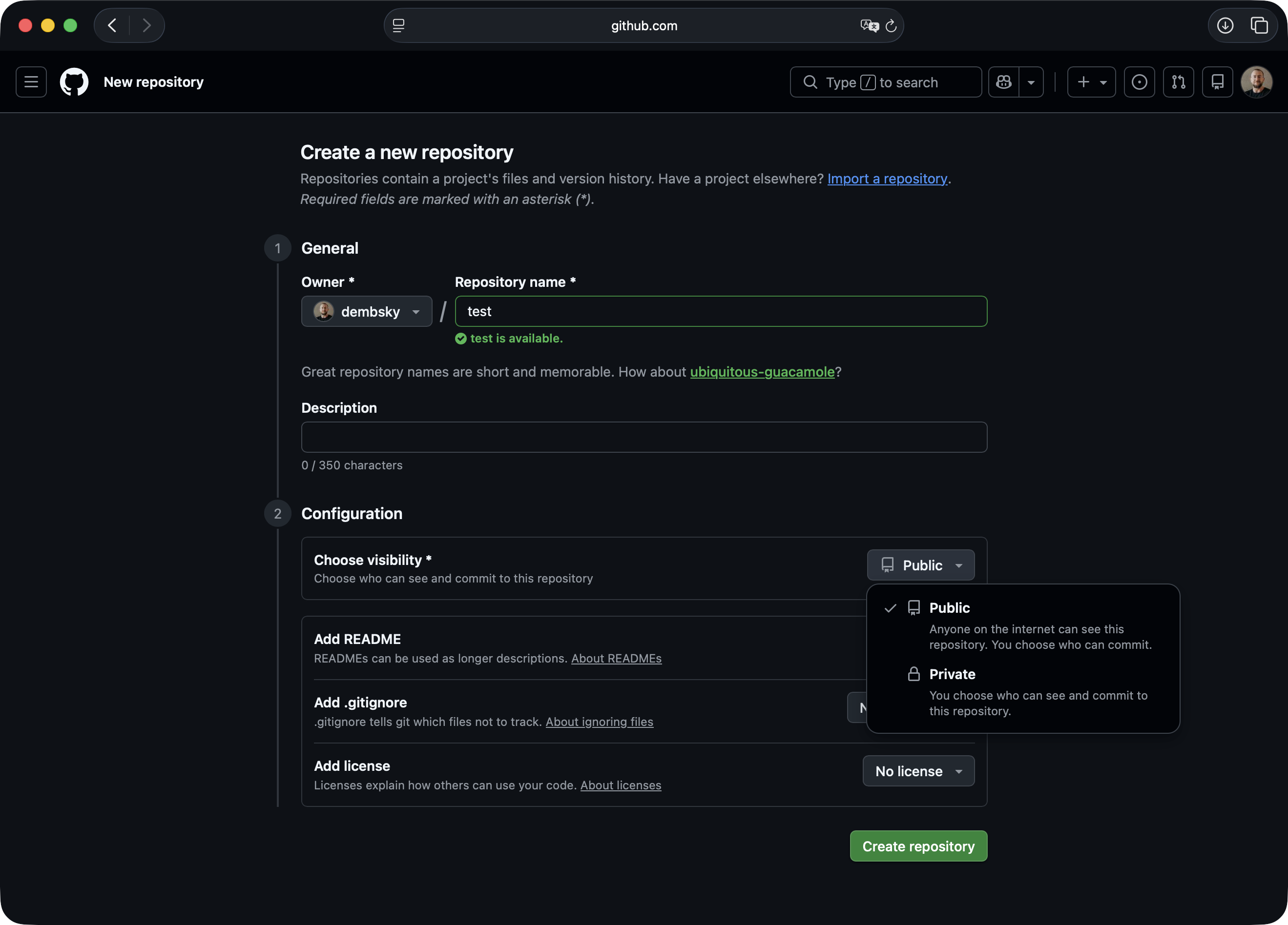 GitHub visibility dropdown showing Public and Private options
