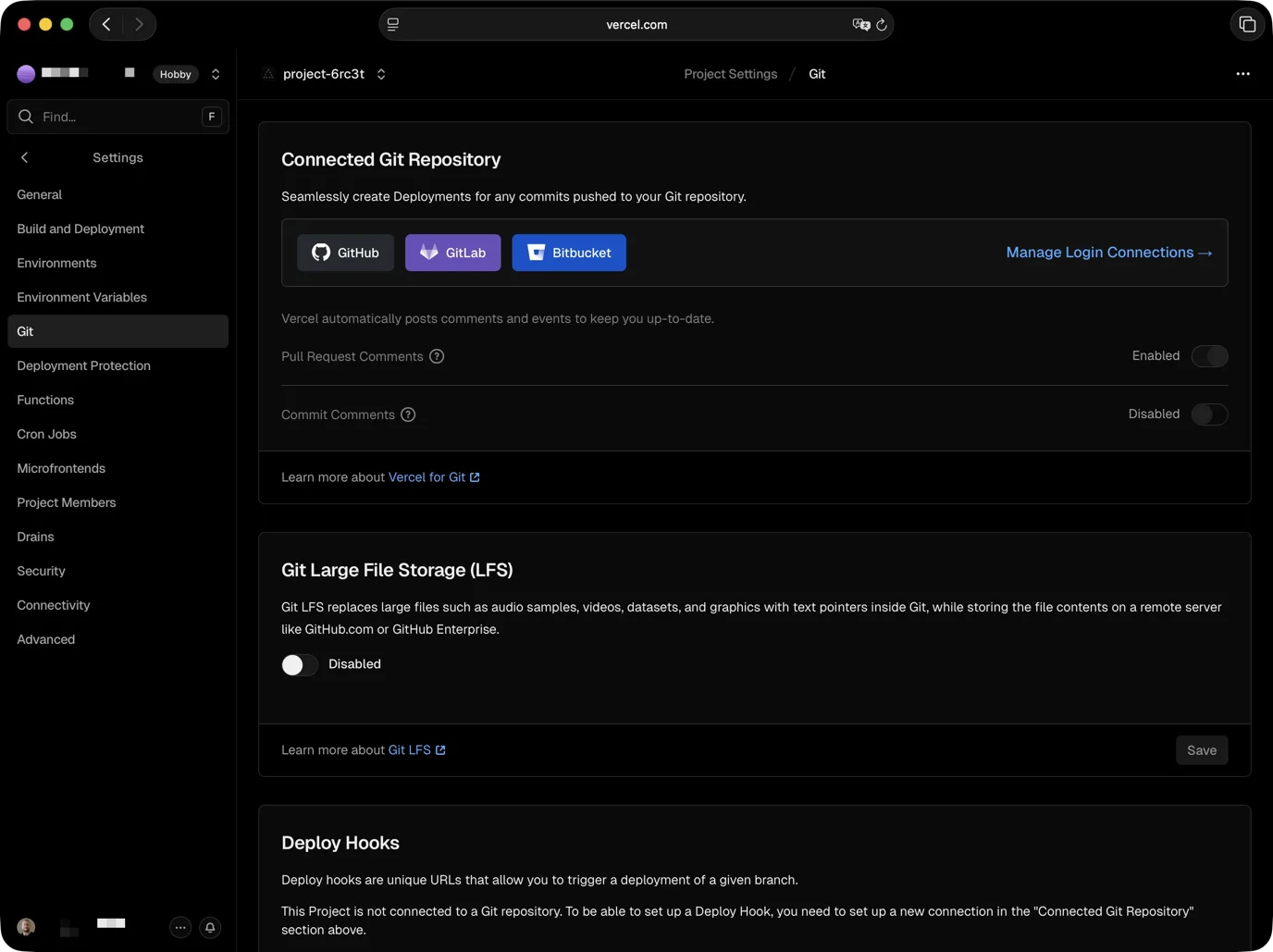 Vercel project Settings > Git page showing Connected Git Repository section with GitHub, GitLab and Bitbucket buttons