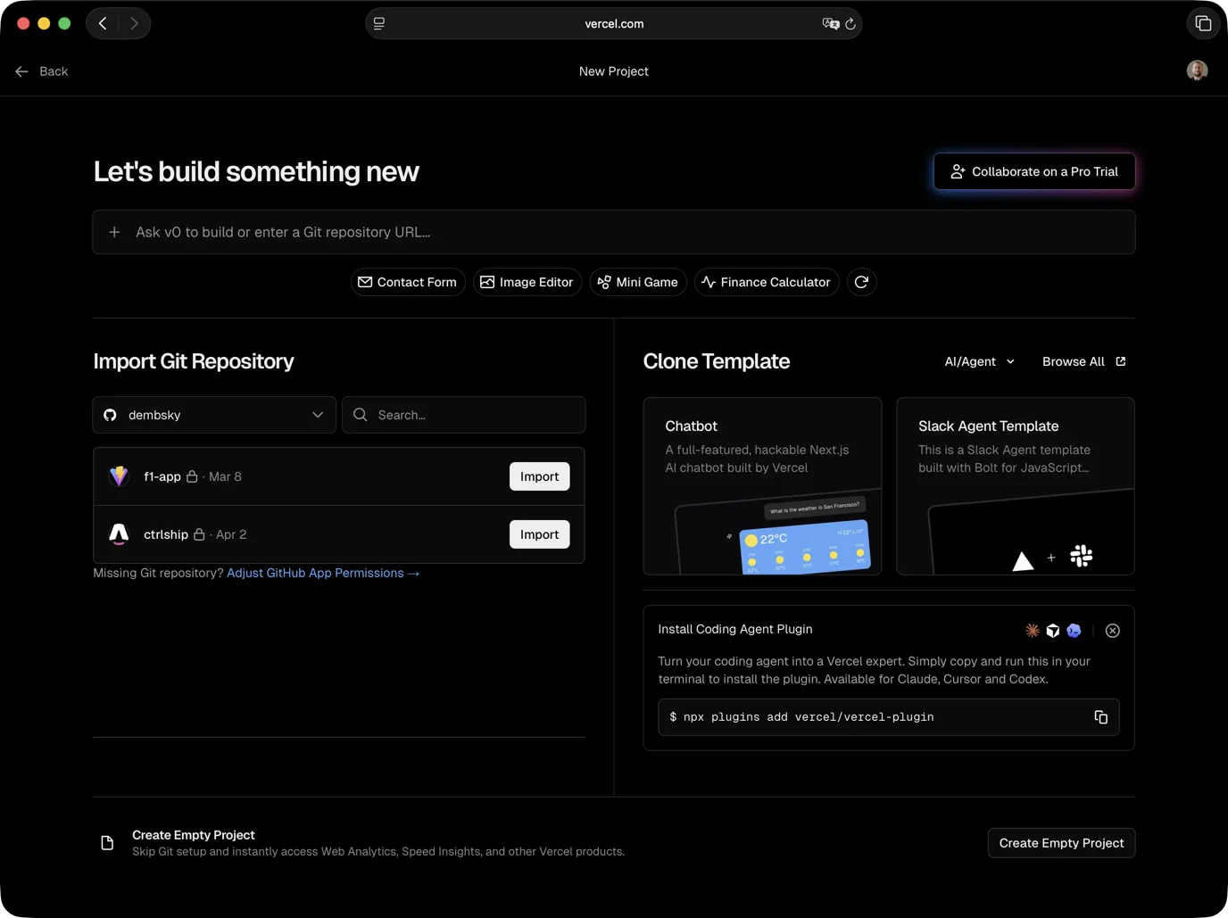 Vercel New Project screen showing Import Git Repository with a list of GitHub repos and an Import button next to each one