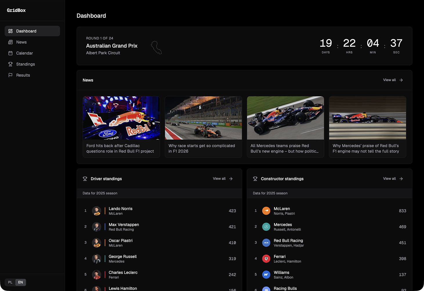 GridBox - dashboard with live race standings and countdown