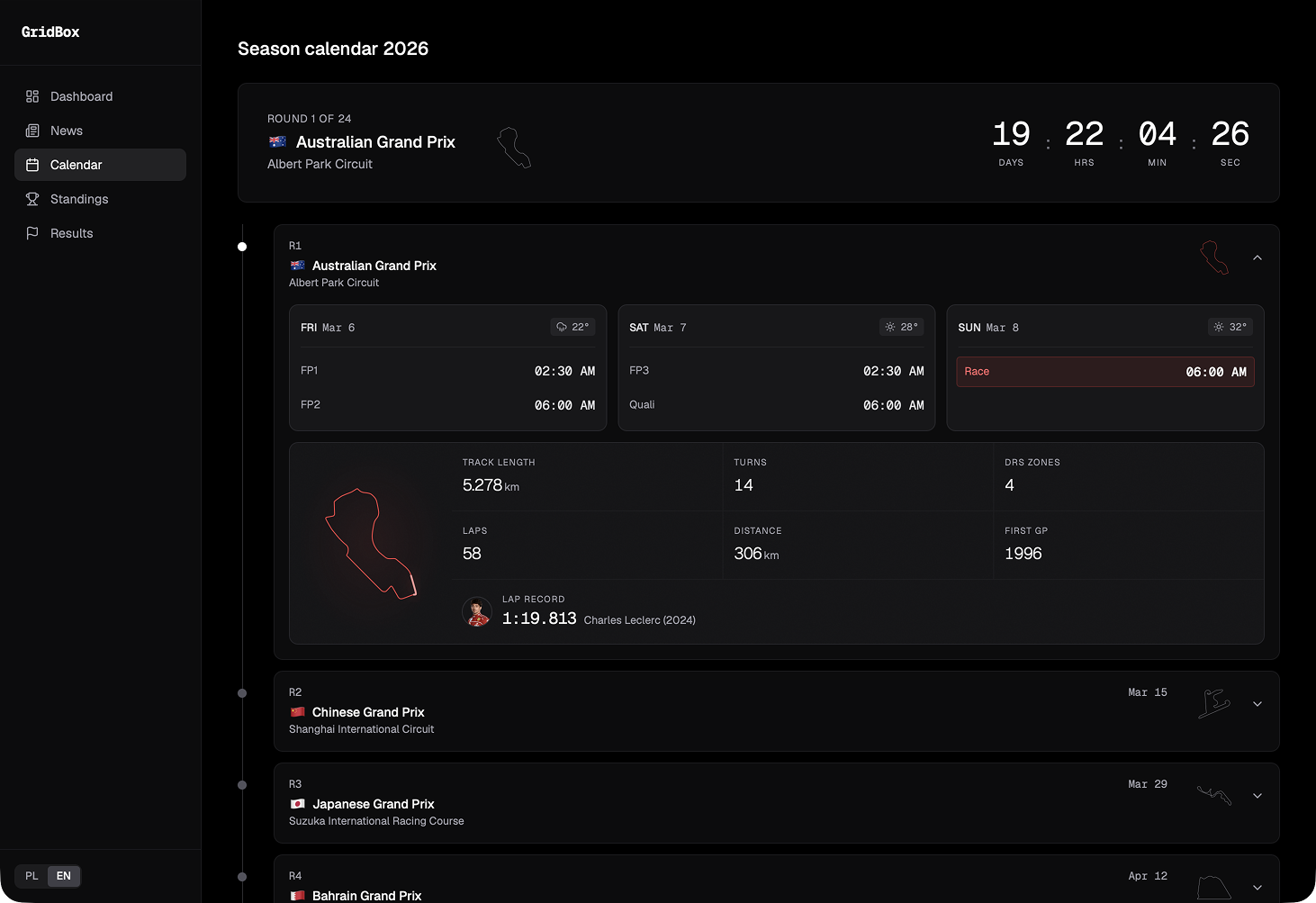 GridBox - race calendar with circuit details